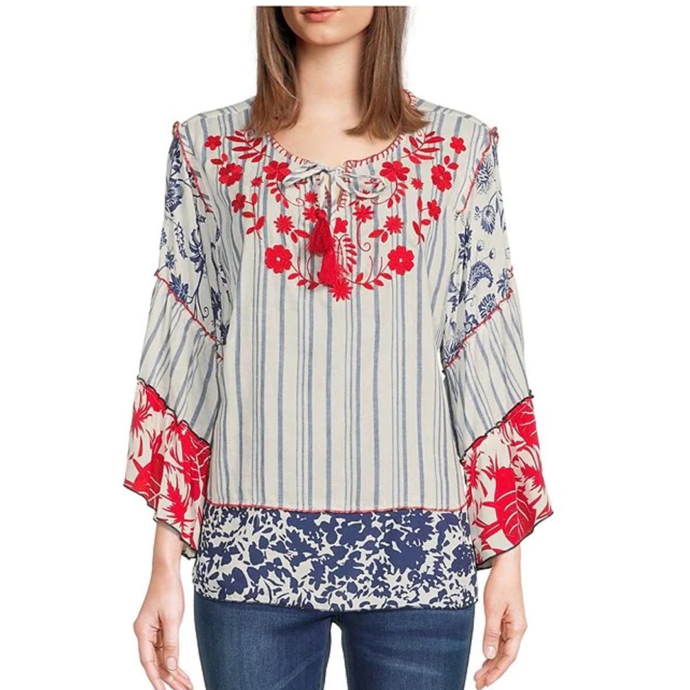 🆕JOHN MARK EMBROIDERED RUFFLE SLEEVE TIERED TOP(Sz S)